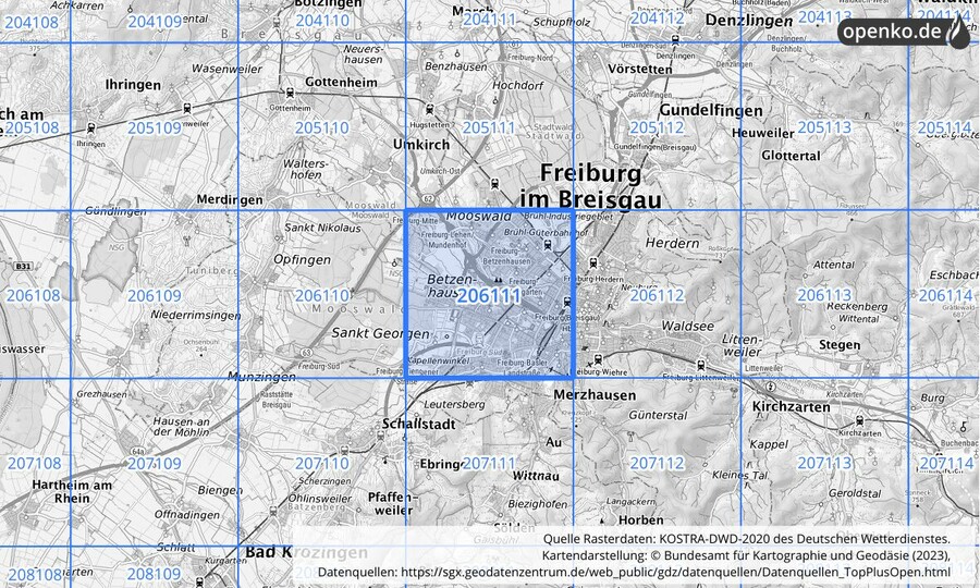 Übersichtskarte des KOSTRA-DWD-2020-Rasterfeldes Nr. 206111