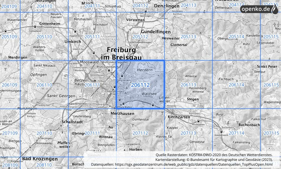 Übersichtskarte des KOSTRA-DWD-2020-Rasterfeldes Nr. 206112