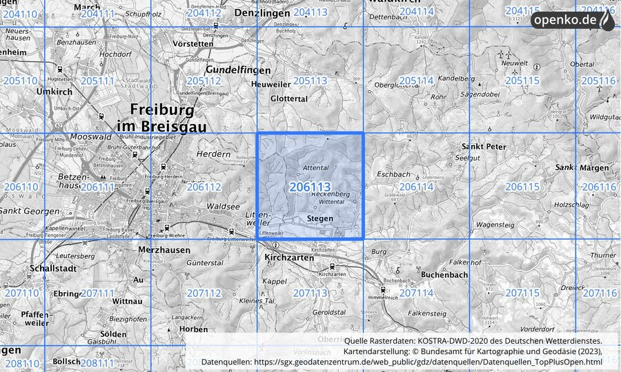 Übersichtskarte des KOSTRA-DWD-2020-Rasterfeldes Nr. 206113