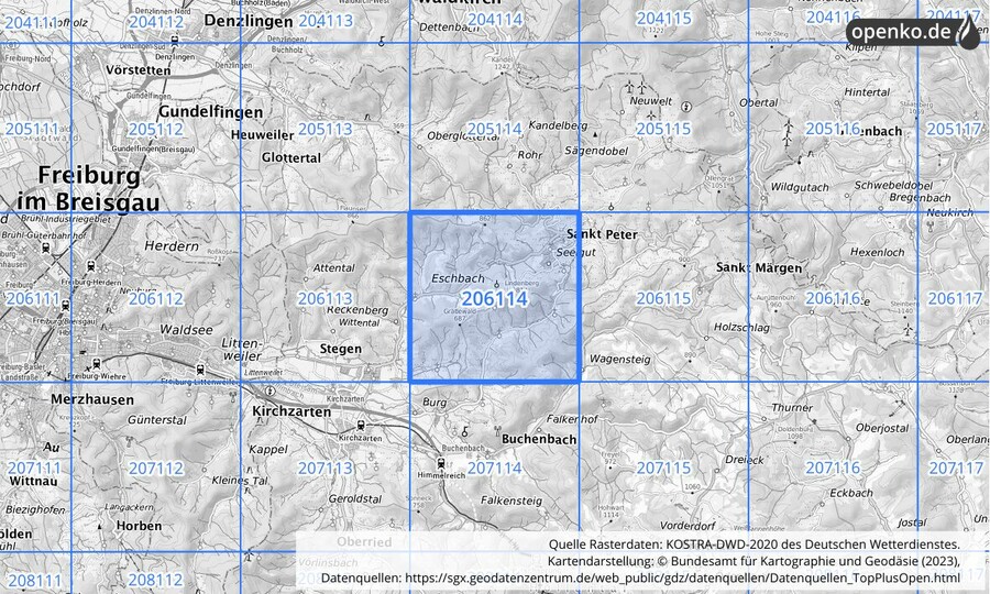 Übersichtskarte des KOSTRA-DWD-2020-Rasterfeldes Nr. 206114