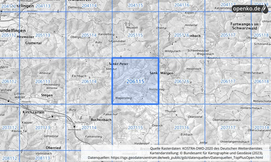 Übersichtskarte des KOSTRA-DWD-2020-Rasterfeldes Nr. 206115