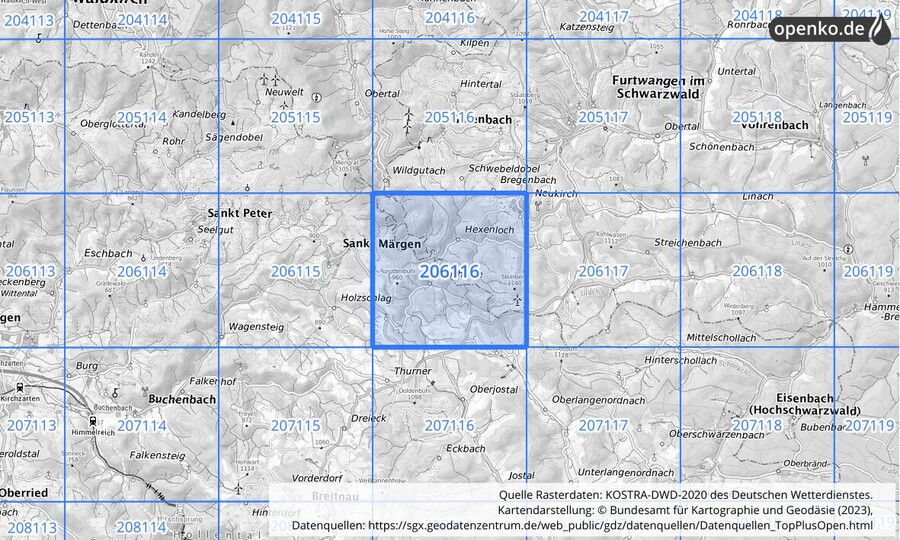 Übersichtskarte des KOSTRA-DWD-2020-Rasterfeldes Nr. 206116