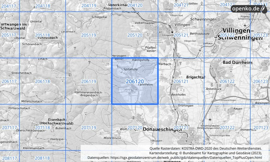 Übersichtskarte des KOSTRA-DWD-2020-Rasterfeldes Nr. 206120