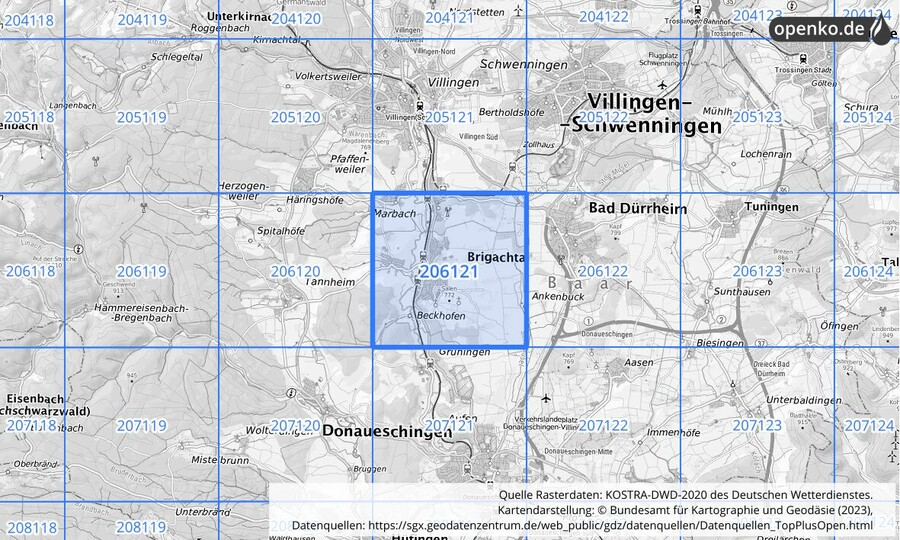 Übersichtskarte des KOSTRA-DWD-2020-Rasterfeldes Nr. 206121