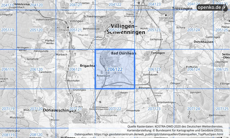 Übersichtskarte des KOSTRA-DWD-2020-Rasterfeldes Nr. 206122