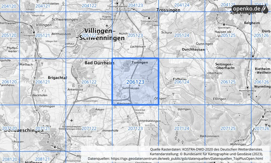 Übersichtskarte des KOSTRA-DWD-2020-Rasterfeldes Nr. 206123