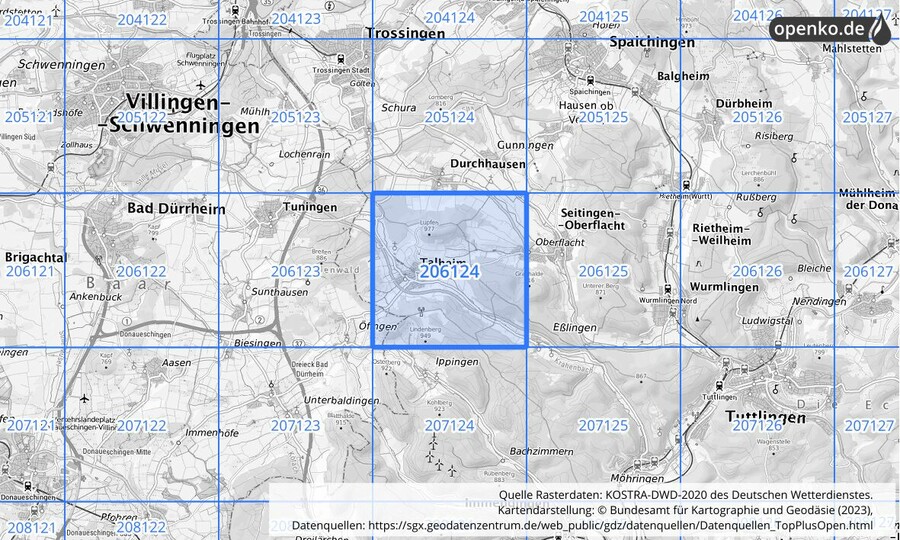 Übersichtskarte des KOSTRA-DWD-2020-Rasterfeldes Nr. 206124