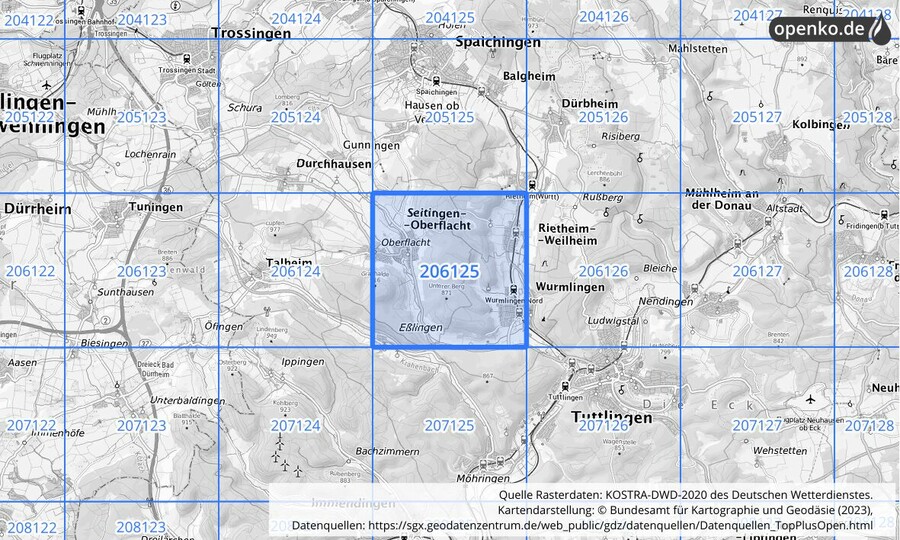 Übersichtskarte des KOSTRA-DWD-2020-Rasterfeldes Nr. 206125