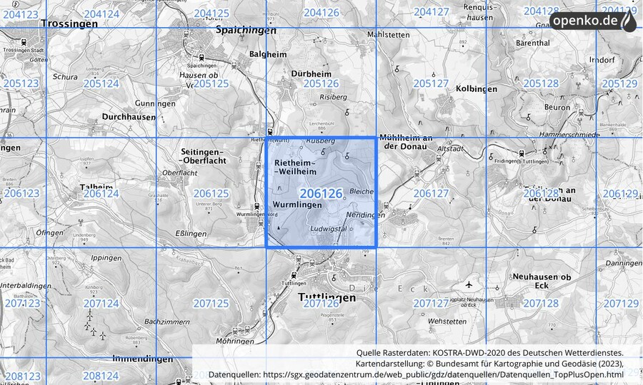 Übersichtskarte des KOSTRA-DWD-2020-Rasterfeldes Nr. 206126