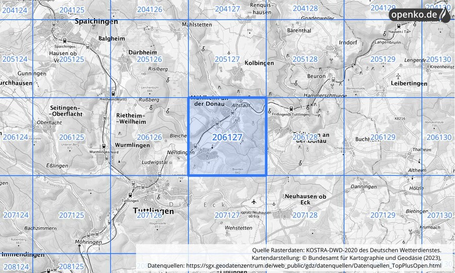 Übersichtskarte des KOSTRA-DWD-2020-Rasterfeldes Nr. 206127