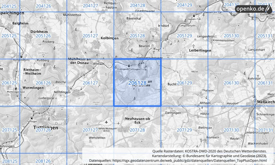 Übersichtskarte des KOSTRA-DWD-2020-Rasterfeldes Nr. 206128