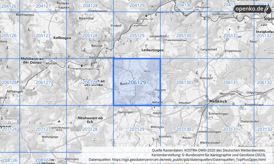 Übersichtskarte des KOSTRA-DWD-2020-Rasterfeldes Nr. 206129