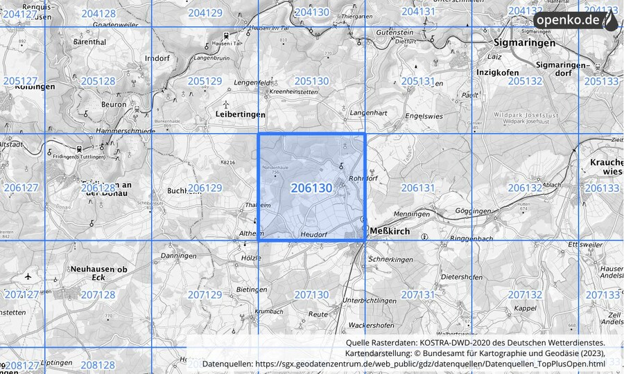 Übersichtskarte des KOSTRA-DWD-2020-Rasterfeldes Nr. 206130