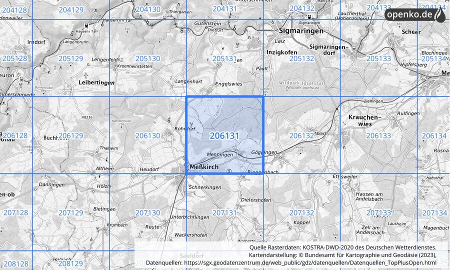 Übersichtskarte des KOSTRA-DWD-2020-Rasterfeldes Nr. 206131