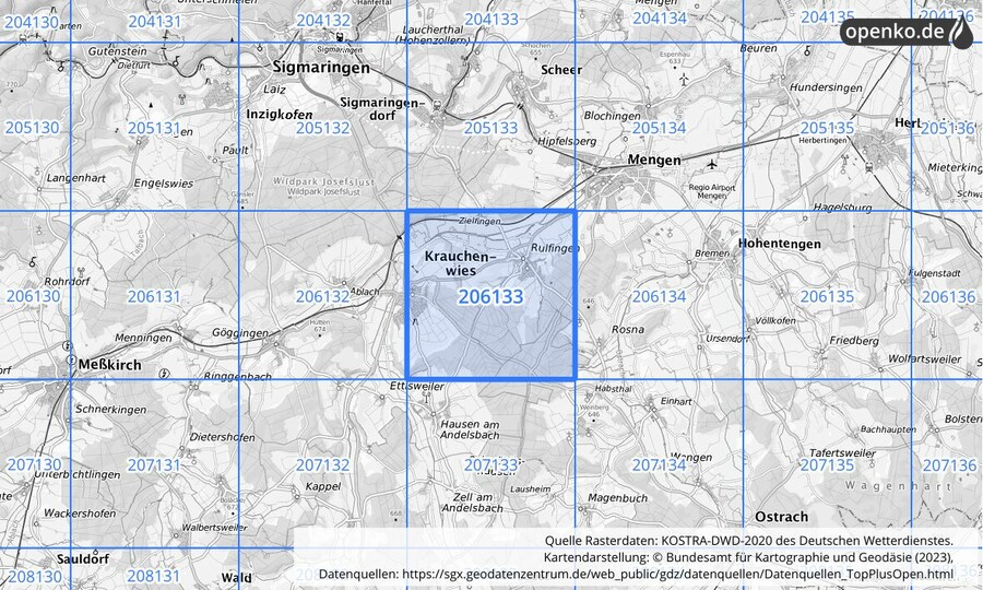 Übersichtskarte des KOSTRA-DWD-2020-Rasterfeldes Nr. 206133