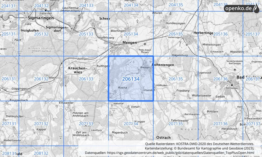 Übersichtskarte des KOSTRA-DWD-2020-Rasterfeldes Nr. 206134