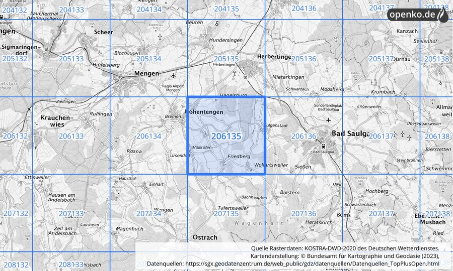 Übersichtskarte des KOSTRA-DWD-2020-Rasterfeldes Nr. 206135