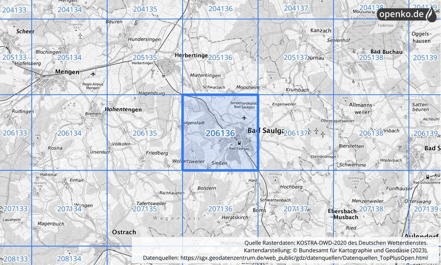 Übersichtskarte des KOSTRA-DWD-2020-Rasterfeldes Nr. 206136