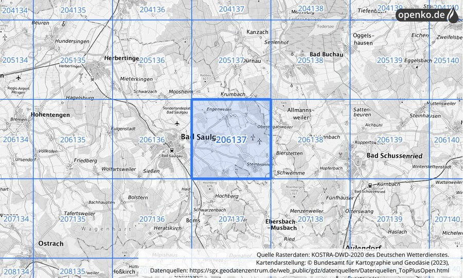 Übersichtskarte des KOSTRA-DWD-2020-Rasterfeldes Nr. 206137