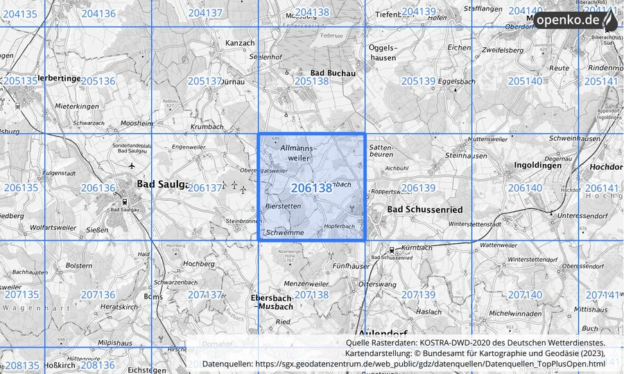 Übersichtskarte des KOSTRA-DWD-2020-Rasterfeldes Nr. 206138
