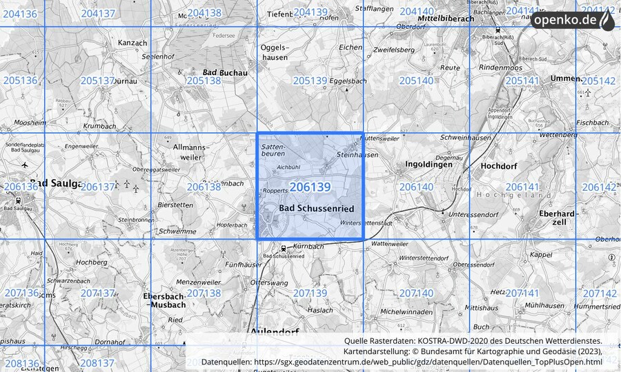 Übersichtskarte des KOSTRA-DWD-2020-Rasterfeldes Nr. 206139