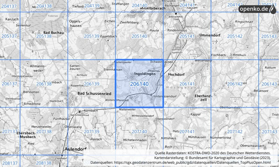 Übersichtskarte des KOSTRA-DWD-2020-Rasterfeldes Nr. 206140