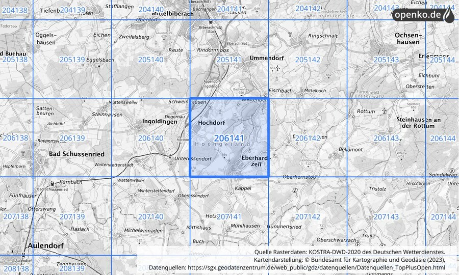 Übersichtskarte des KOSTRA-DWD-2020-Rasterfeldes Nr. 206141