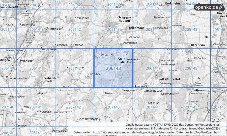 Übersichtskarte des KOSTRA-DWD-2020-Rasterfeldes Nr. 206143