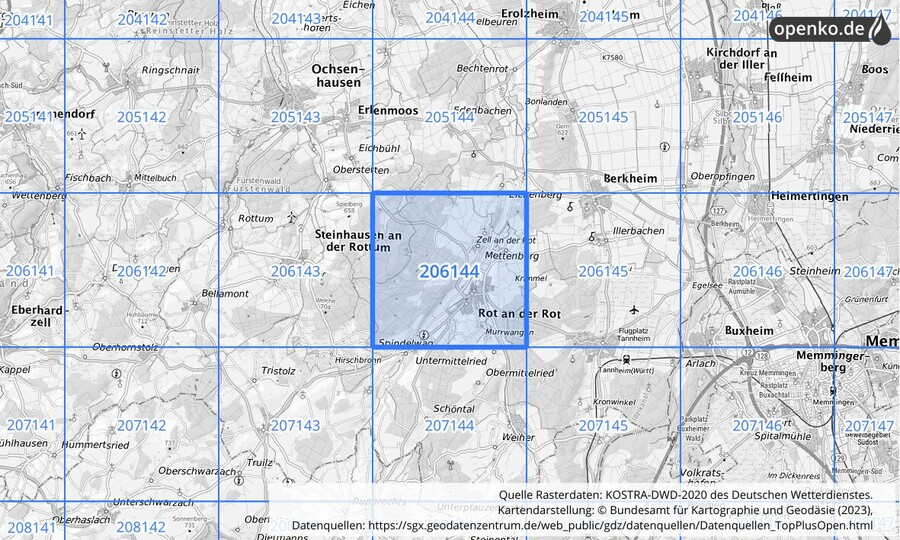 Übersichtskarte des KOSTRA-DWD-2020-Rasterfeldes Nr. 206144