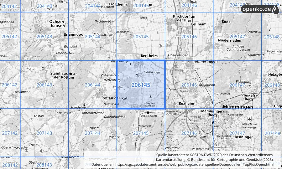 Übersichtskarte des KOSTRA-DWD-2020-Rasterfeldes Nr. 206145