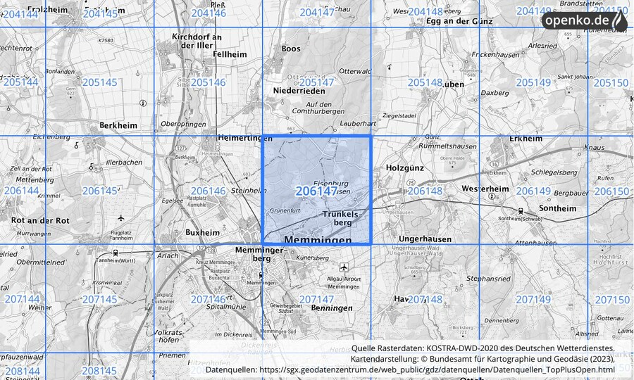 Übersichtskarte des KOSTRA-DWD-2020-Rasterfeldes Nr. 206147