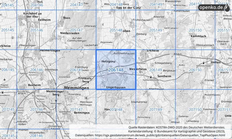 Übersichtskarte des KOSTRA-DWD-2020-Rasterfeldes Nr. 206148
