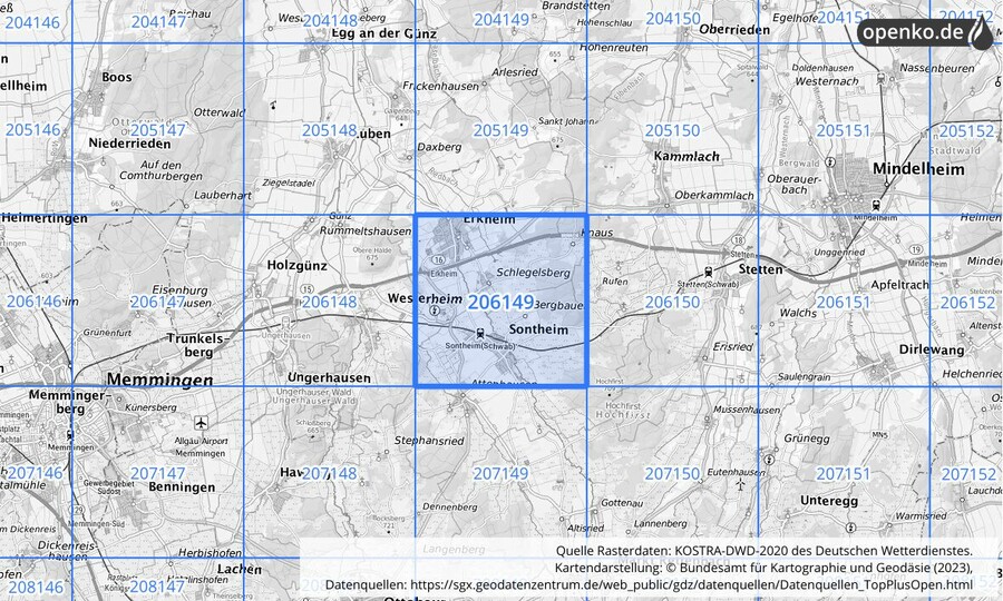 Übersichtskarte des KOSTRA-DWD-2020-Rasterfeldes Nr. 206149
