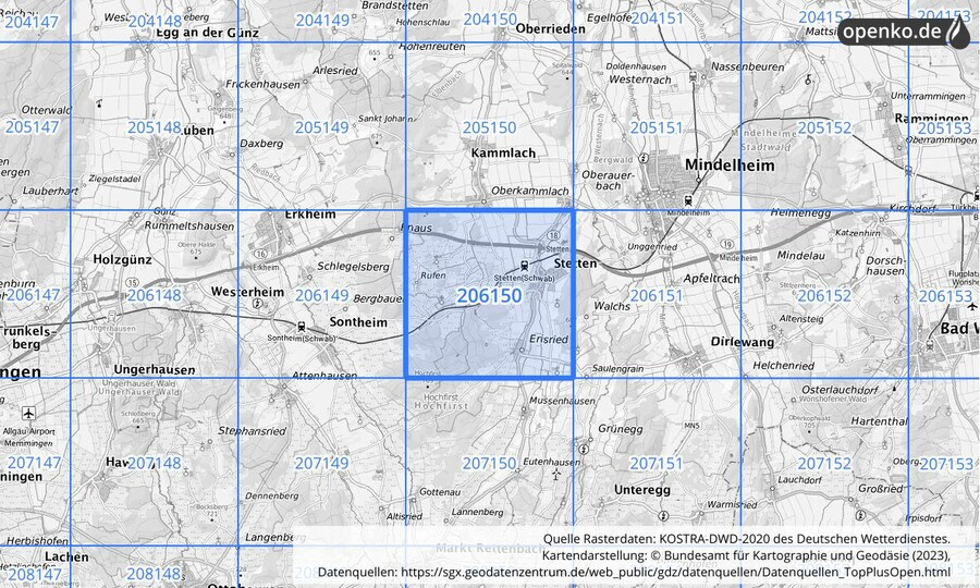 Übersichtskarte des KOSTRA-DWD-2020-Rasterfeldes Nr. 206150