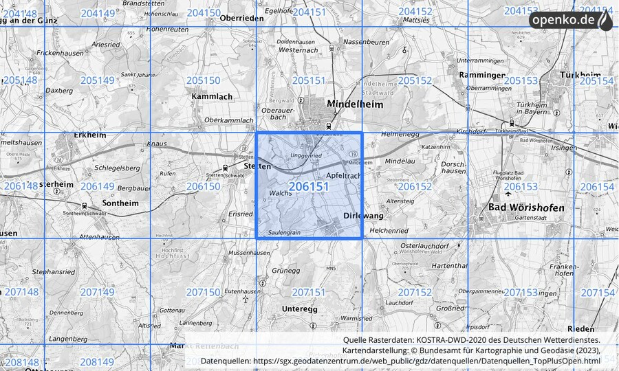Übersichtskarte des KOSTRA-DWD-2020-Rasterfeldes Nr. 206151