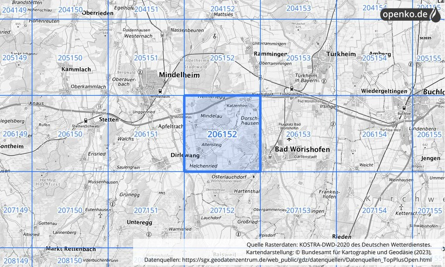 Übersichtskarte des KOSTRA-DWD-2020-Rasterfeldes Nr. 206152