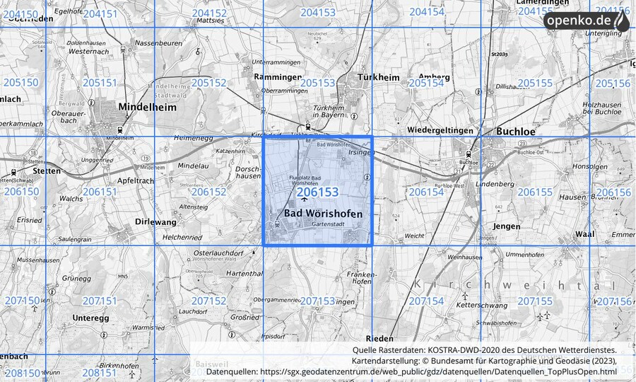 Übersichtskarte des KOSTRA-DWD-2020-Rasterfeldes Nr. 206153