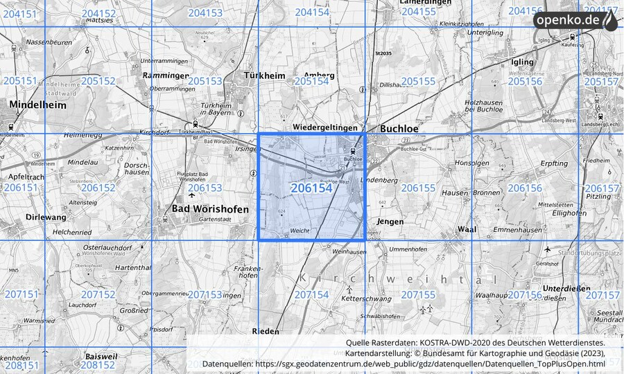 Übersichtskarte des KOSTRA-DWD-2020-Rasterfeldes Nr. 206154