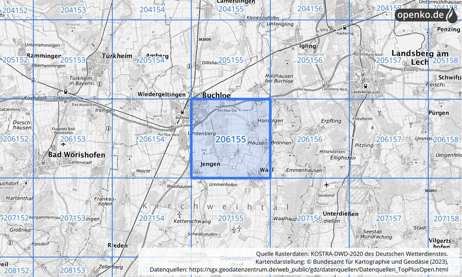 Übersichtskarte des KOSTRA-DWD-2020-Rasterfeldes Nr. 206155