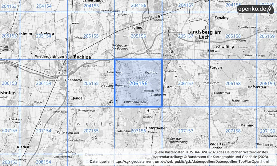 Übersichtskarte des KOSTRA-DWD-2020-Rasterfeldes Nr. 206156