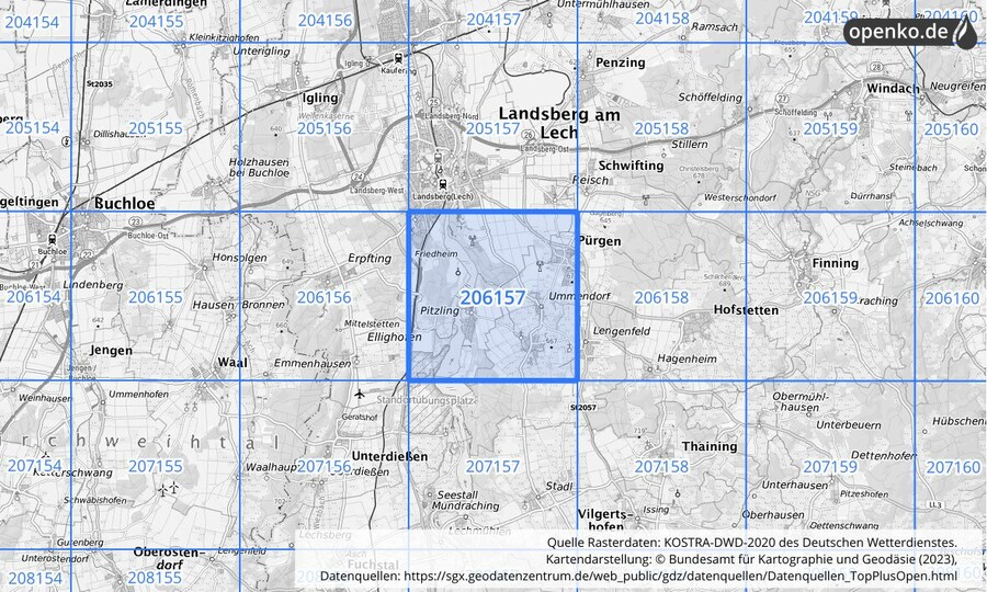 Übersichtskarte des KOSTRA-DWD-2020-Rasterfeldes Nr. 206157