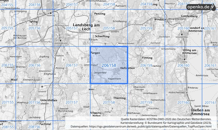 Übersichtskarte des KOSTRA-DWD-2020-Rasterfeldes Nr. 206158