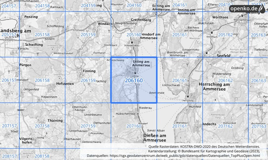 Übersichtskarte des KOSTRA-DWD-2020-Rasterfeldes Nr. 206160
