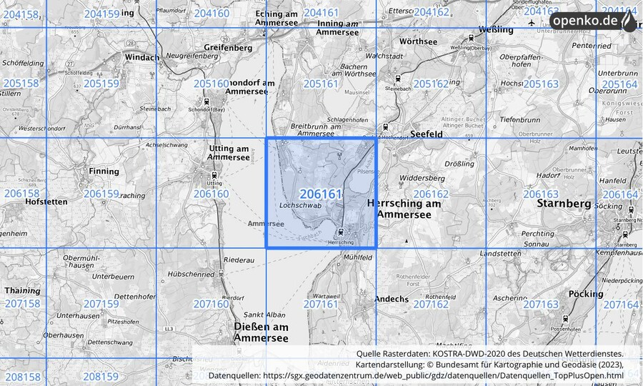Übersichtskarte des KOSTRA-DWD-2020-Rasterfeldes Nr. 206161