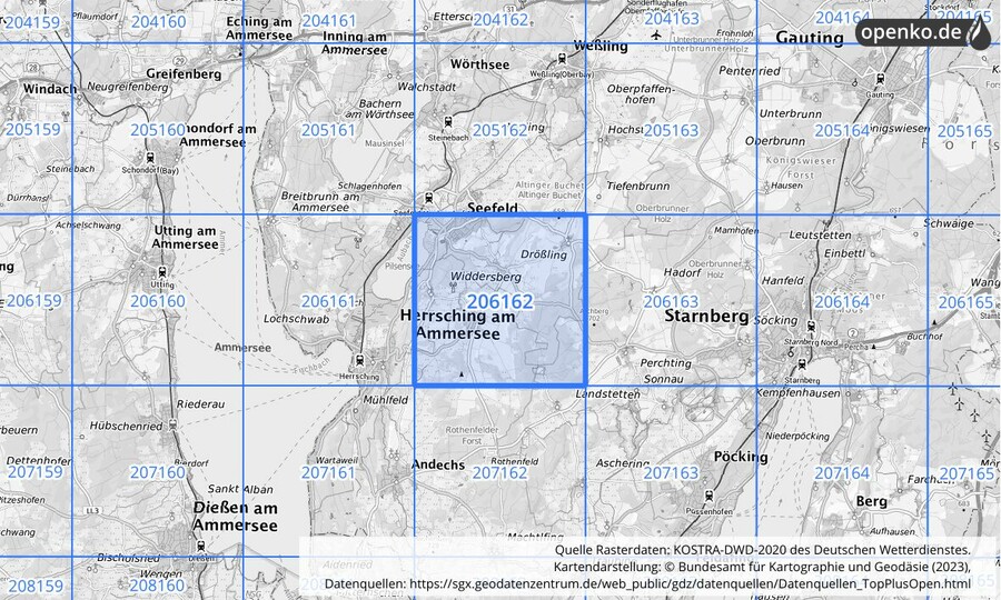 Übersichtskarte des KOSTRA-DWD-2020-Rasterfeldes Nr. 206162