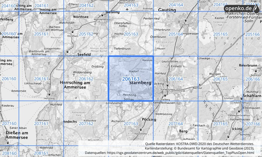 Übersichtskarte des KOSTRA-DWD-2020-Rasterfeldes Nr. 206163