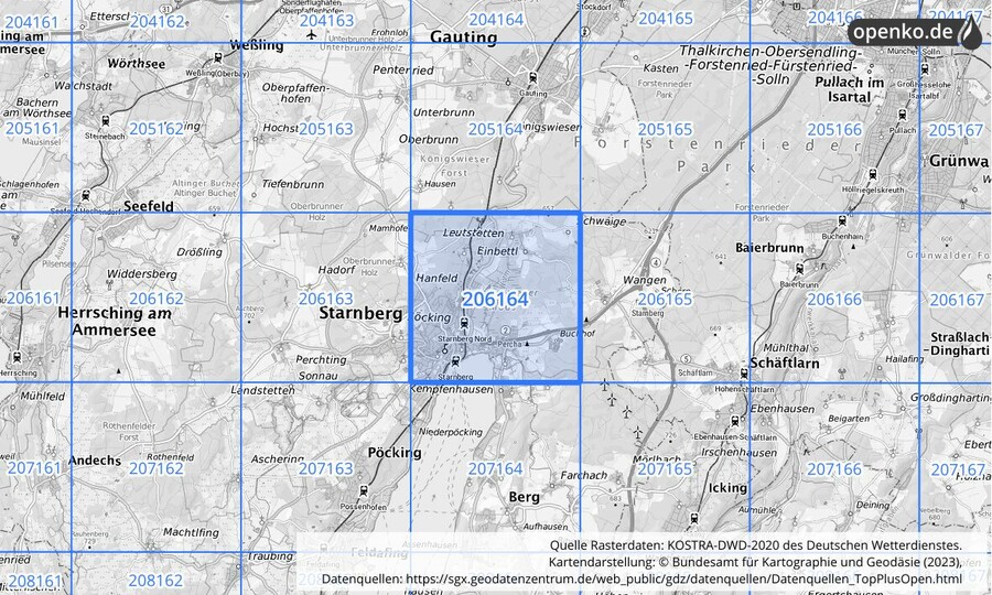 Übersichtskarte des KOSTRA-DWD-2020-Rasterfeldes Nr. 206164