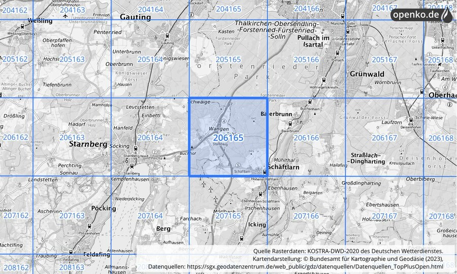 Übersichtskarte des KOSTRA-DWD-2020-Rasterfeldes Nr. 206165
