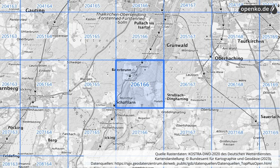 Übersichtskarte des KOSTRA-DWD-2020-Rasterfeldes Nr. 206166