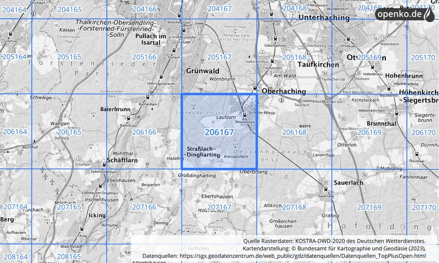 Übersichtskarte des KOSTRA-DWD-2020-Rasterfeldes Nr. 206167